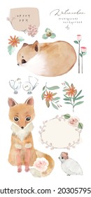 ILLUSTRATION WATERCOLOR FOX, FLOWER, LEAF AND NATURAL WILD HAND DRAWN SET