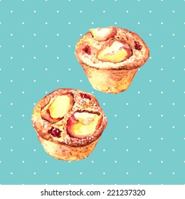 Illustration with watercolor fruit muffins. Hand painting. Watercolor. Illustration for greeting cards, invitations, and other printing projects.