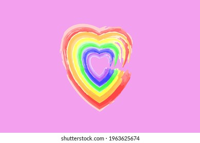 Illustration of a watercolor heart with multiple colors stacked on a pink background, LGBTQ rainbow.