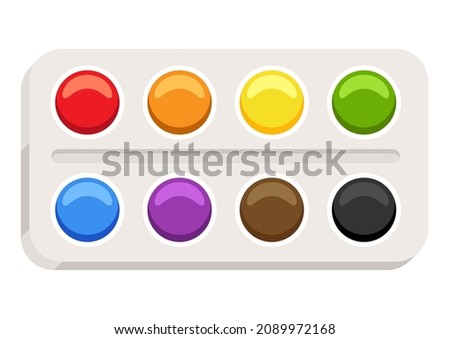 Illustration of watercolor paintbox. Painter tool and material. Art supply for creativity.