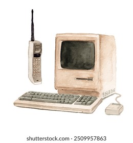 ilustração aquarela pintura antigos dispositivos e monitores de computador, vintage, isolado no fundo branco,