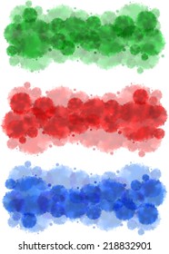 Illustration of watercolor splatters borders in green, red and blue colors 