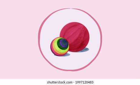 illustration in watercolor style two balls, big and small, red ball and rainbow ball. Two balls are lying side by side