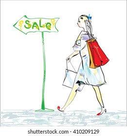 Illustration in a watercolor style of a young woman with shopping bags running for a sale