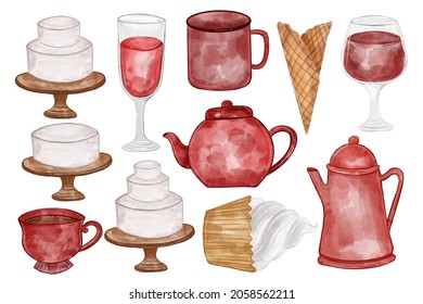 illustration watercolor of teapot, glass, cake,tea, kettle and others