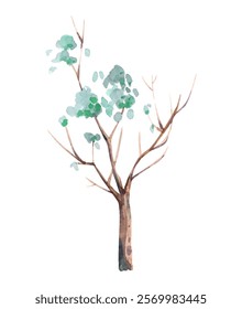 Illustration of a watercolor tree trunk with blue leaves