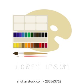 Illustration of watercolors and palette and two brushes on white background.