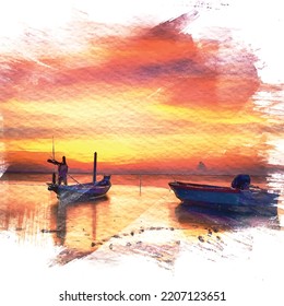 ilustración de la plantilla vectorial de imágenes de edición de acuarela - imagen de puesta de sol 