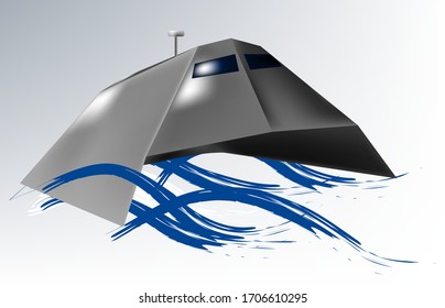 illustration of a watercraft of the future curved shape, on a gray background, and waves