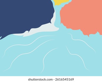 Illustration of a waterfall with blue water and colorful mountain scenery