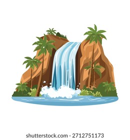Ilustración de una cascada cayendo en cascada por una formación rocosa, con exuberantes palmeras verdes. La escena tiene colores brillantes y un estilo de dibujos animados, lo que sugiere naturaleza y belleza.
