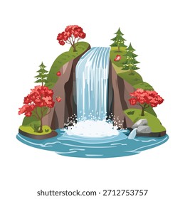 Ilustração de uma cachoeira em cascata abaixo de uma face de rocha em uma piscina de água. Cercado por árvores estilizadas com folhagem vermelha e verde. Isolado em um fundo branco.