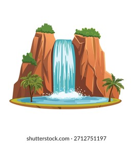Ilustración de una cascada en cascada por acantilados rocosos. Cuenta con palmeras y piscina. Paleta de colores brillantes y un estilo de dibujos animados.