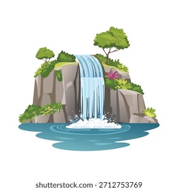 Ilustración de una cascada en cascada en una piscina. Exuberantes plantas verdes y árboles adornan el paisaje rocoso. El agua clara y la iluminación brillante crean un ambiente alegre.