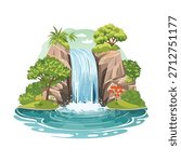Illustration of a waterfall cascading into a serene pool surrounded by rocks, trees, and vibrant green foliage. The scene features a bright, cartoon style with clear lines and cheerful colors.