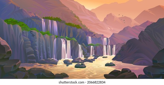 An illustration of waterfall during a sunset.