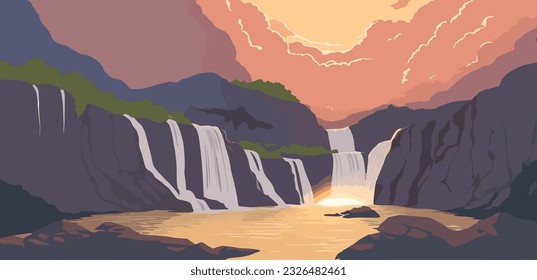 An illustration of waterfall during a sunset.
