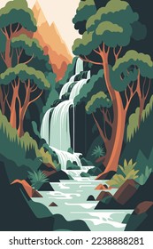 illustration of Waterfall forest nature tropical background jungle wallpaper vector flat color style