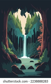 illustration of Waterfall forest nature tropical background jungle wallpaper vector flat color style