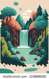 illustration of Waterfall forest nature tropical background jungle wallpaper vector flat color style