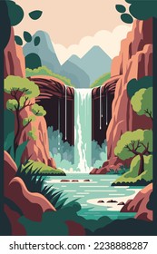 illustration of Waterfall forest nature tropical background jungle wallpaper vector flat color style