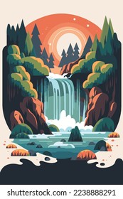 illustration of Waterfall forest nature tropical background jungle wallpaper vector flat color style