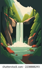 illustration of Waterfall forest nature tropical background jungle wallpaper vector flat color style