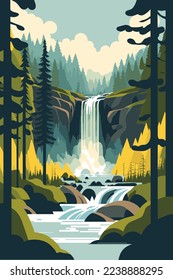 illustration of Waterfall forest nature tropical background jungle wallpaper vector flat color style