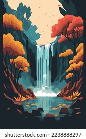 illustration of Waterfall forest nature tropical background jungle wallpaper vector flat color style