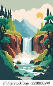 illustration of Waterfall forest nature tropical background jungle wallpaper vector flat color style