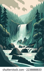 illustration of Waterfall forest nature tropical background jungle wallpaper vector flat color style