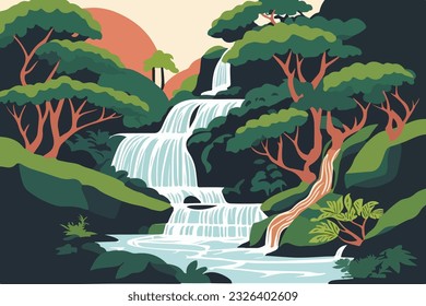 illustration of Waterfall forest nature tropical background jungle wallpaper vector flat color style
