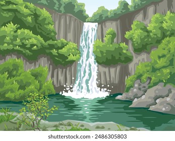 It is an illustration of a waterfall landscape.
