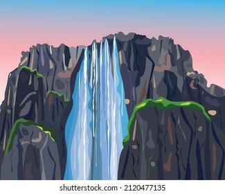 Illustration of a waterfall in the mountains with green forest on the peaks and sunset with pink and blue colors of the sky, Angel Falls in Venezuela in vector flat style