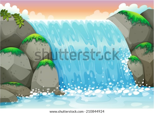 Illustration Waterfall Scene Stock Vector (Royalty Free) 210844924