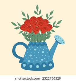 Illustration of watering can with flowers. Flowers in watering can. Design element for greeting card, invitation, print, sticker. Illustration for birthday, mother's day, valentine's and woman's day.	