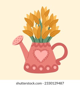 Illustration of watering can with flowers. Flowers in watering can. Design element for greeting card, invitation, print, sticker. Illustration for birthday, mother's day, valentine's and woman's day.