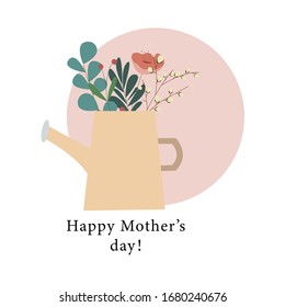 Illustration of a watering can with flowers for mother's day on a pastel pink circle on a white background for cards, gifts, labels, packages, prints,stickers. Style flat in vector.
