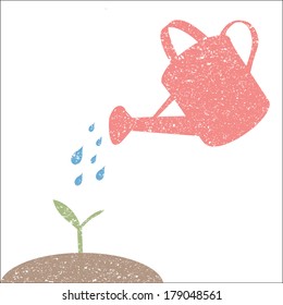 Illustration of watering can and plant isolated on a white background.