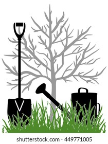 Illustration with the watering can and a shovel in the green grass in the background seedling apple trees.