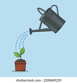 Illustration of watering plant in the pot with watering can. Gardening as a hobby.