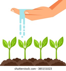 Illustration of watering plants from hand. Image for advertising booklets, banners, flayers and articles.