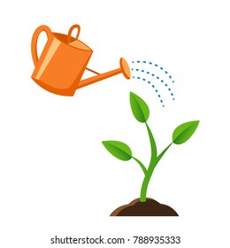 Illustration of watering the young plants from a watering can. a small plant growing in the ground/ Flat style.