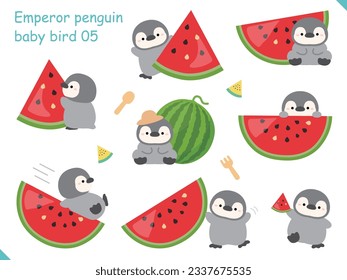 Illustration of watermelon with baby penguins