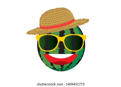 Illustration of a watermelon character wearing a straw hat wearing sunglasses Happy summer | Summer image, postcard of a summer greeting card