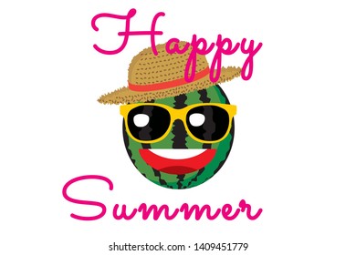 Illustration of a watermelon character wearing a straw hat wearing sunglasses Happy summer | Summer image, postcard of a summer greeting card
