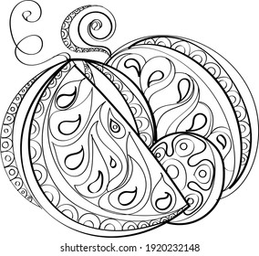  illustration of watermelon. Coloring book  for adult. Black and white sketch. Zentangl illustration. The watermelon isolated.