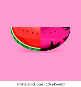 An illustration of a watermelon and a fisherman on boat sitting on the sunset