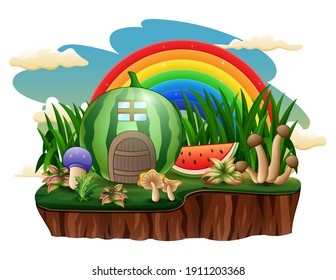 Illustration of watermelon house with a rainbow on the island