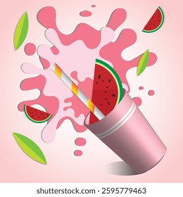 Illustration of a watermelon juice splash with vibrant red and green colors. The design showcases a watermelon slice, a juice cup with a straw, and splash effects, giving a summery and fresh vibe.